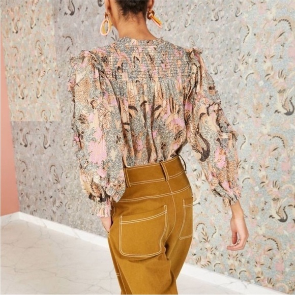 Ulla Johnson Lara Blouse Silk-Blend Ruffle Floral Birds of Paradise Ivory Size 6 - Picture 3 of 17
